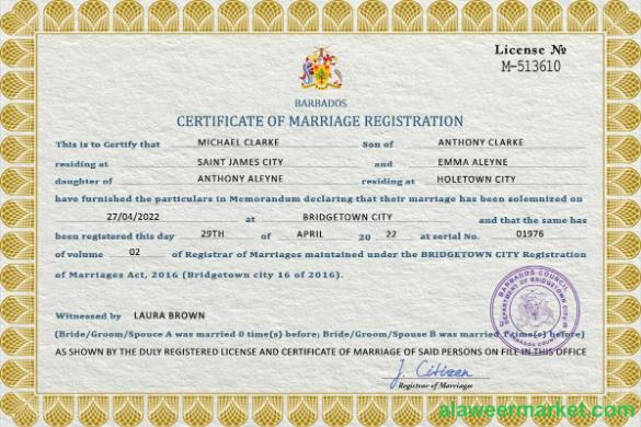 Barbados marriage certificate PSD template